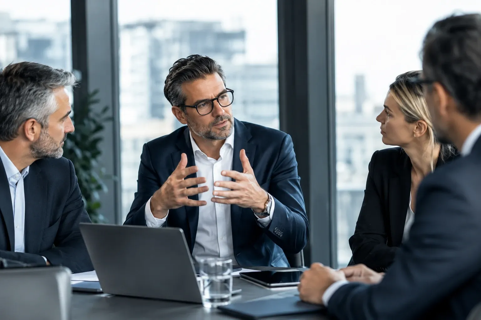 Senior advisor explaining a growth strategy to executives in a meeting