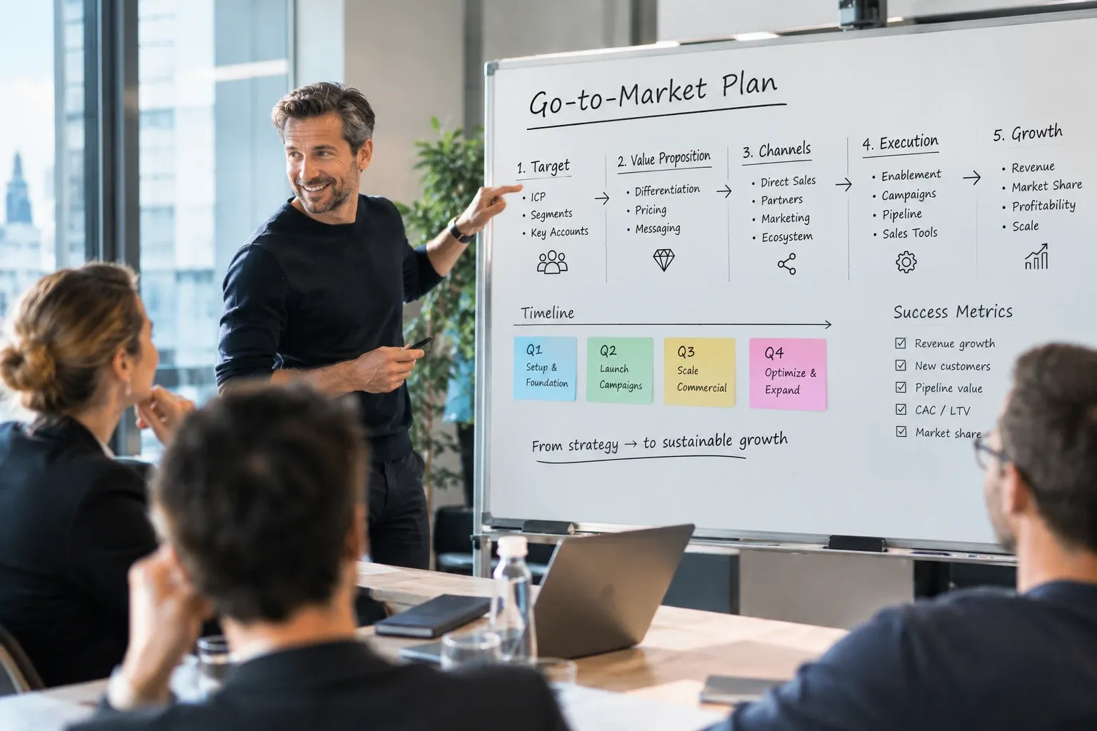 Advisor presenting a go-to-market plan on a whiteboard in a workshop